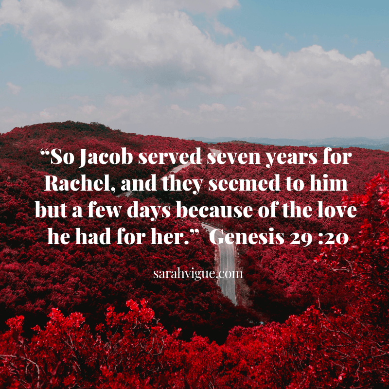 So Jacob served seven years for Rachel, and they seemed to him but a few days because of the love he had for her.” Genesis 29:20 Sarah Lacey Vigue