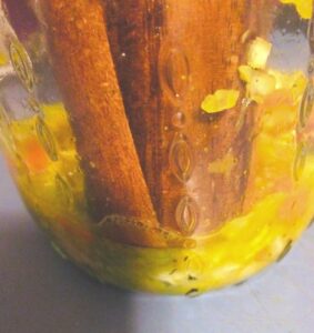 Sarah L Vigue using a wood pestle to make lacto fermented cabbage - probiotic Sauerkraut in a glass jar