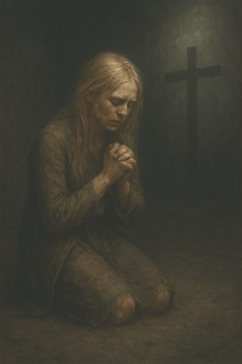 Tatterdemalion blonde woman praying near cross-website image